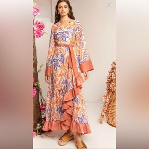 Mya Cornelia Kimono Maxi Floral Wrap Ruffle Dress Greek or Cover-Up Robe Wrap ML